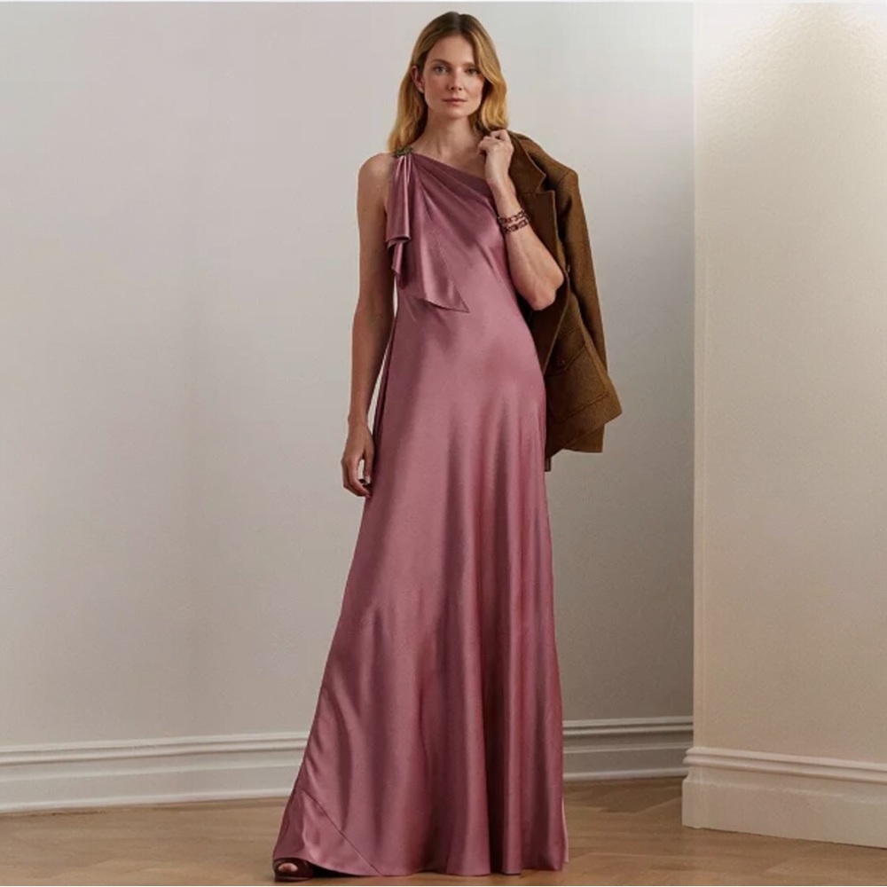 NWT Lauren Ralph Lauren Satin Charmeuse One-Shoulder Gown Pink Size 8 - Picture 1 of 7
